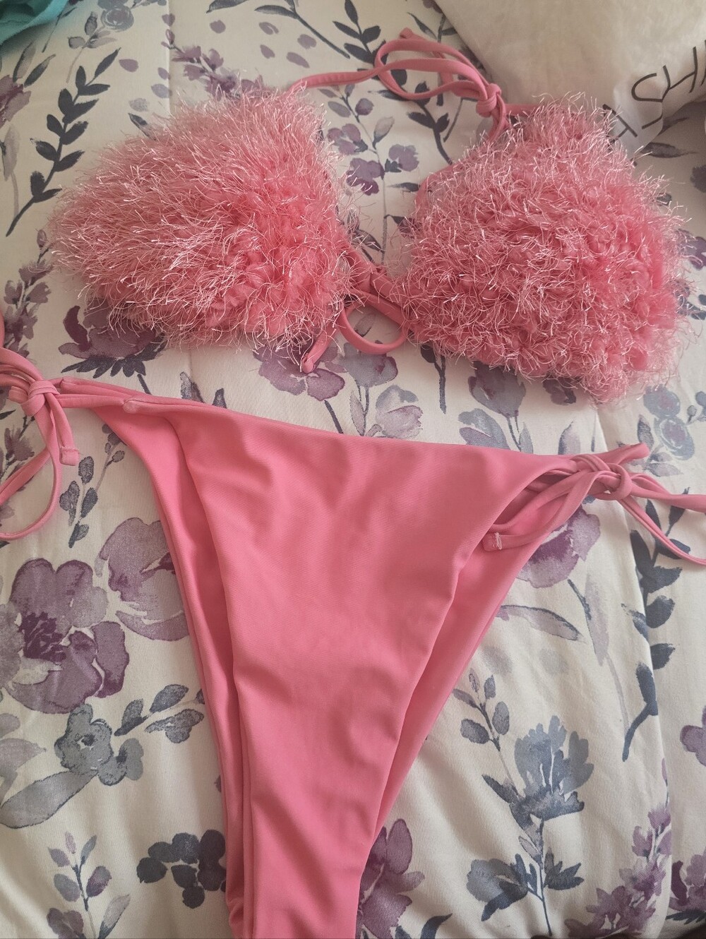 Pink Fuzzy Trim Bikini Set - Two-Piece Swimwear
